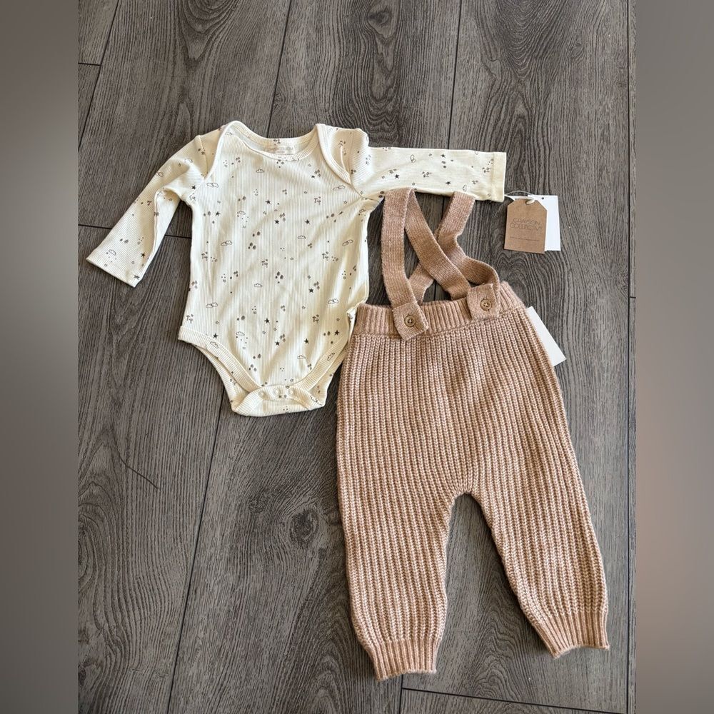 Grayson collective Cream Long Sleeve Onesie and Tan Knit Overalls Set